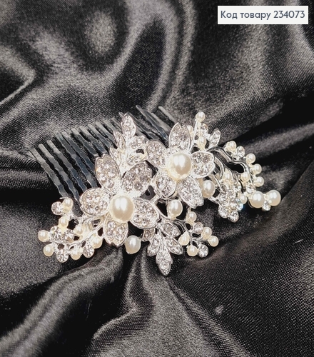 Гребінь 8,5см Квіти з камінцями та перлинками срібного кольору 234073 фото 2