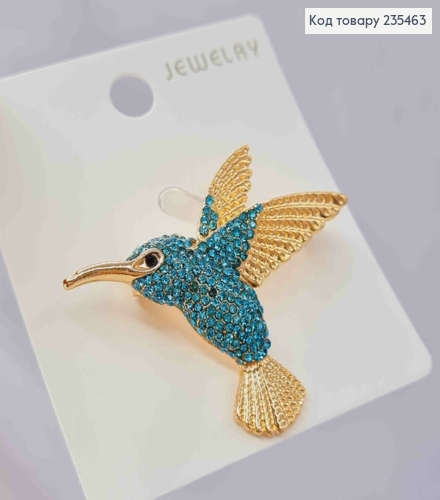 Брошь "КОЛИБРИ" украшена Голубыми камешками, 5*4,5 см, Золотого цвета 235463 фото 2