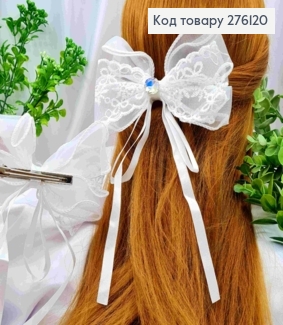 Бант БЕЛОГО цвета с Блестящим камнем, на заколке 7,5см, ткань органза+кружево, размер 13*23см 276120 фото