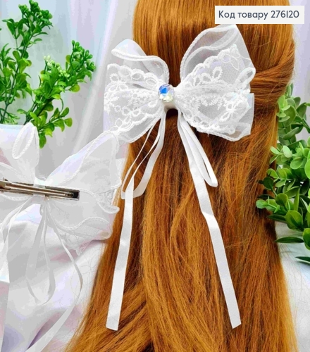 Бант БЕЛОГО цвета с Блестящим камнем, на заколке 7,5см, ткань органза+кружево, размер 13*23см 276120 фото 1