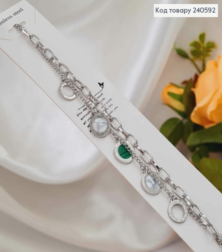 Браслет серебряного цвета, "Van Cleef" с зеленой эмальлькой и камешками, 17+4см сталь Stainless Steel 250016 фото 1