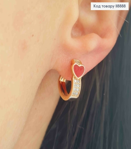Серьги кольца "Сердце" с Блестящими камешками и Красной эмалью, 1,4см, Xuping 18K 118888 фото 2