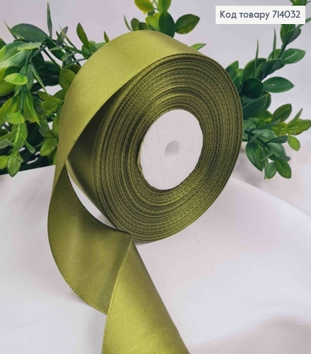 Лента атласная ТЕМНО-ОЛИВОЧНАЯ (цвет 108), ширина 4см, длина 36 ярдов (33м) 714032 фото 1