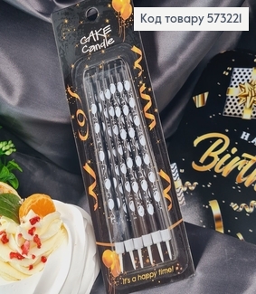 Свечки для торта Чорные с Белыми шариками и подставками 6шт/уп, 12+2см 573221 фото