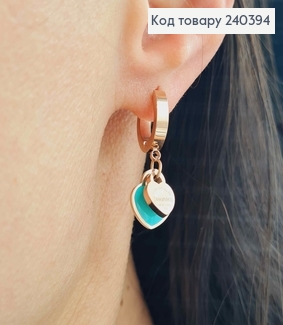 Серьги кольца 1,5см, золотого цвета с подвесками сердечками цвета тиффани, сталь Stainless steel 240394 фото