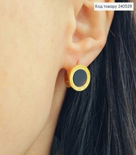 Серьги кольца 1см, Римские часы с черной эмалью, цвет лимонный, Stainless Steel 260030 фото 2
