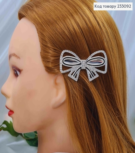 Заколка стрела, серебряного цвета, бантик с черным ободочком и камешками, 6см 233092 фото 2