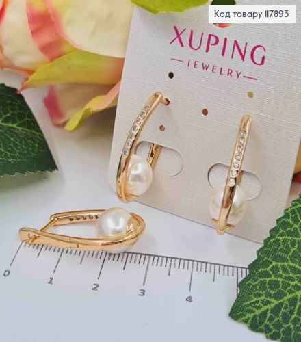 Серьги Овальные украшены камешками с жемчужиной, длина 2,5см, англ застежка, XUPING 18K 117893 фото 1