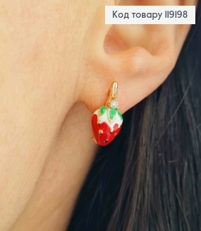 Серьги "Клубничка" с Бело-Красной эмалью и Камешком, 1,5см, английская застежка, Xuping 18K 119198 фото