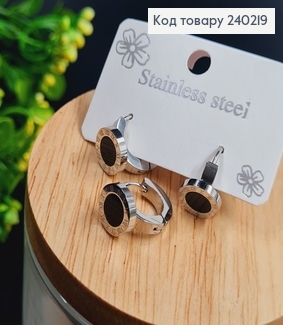 Сережки родированые кольца "Римские часы" с чорной ставкой, 1*0,7см, Stainless Steel 240219 фото