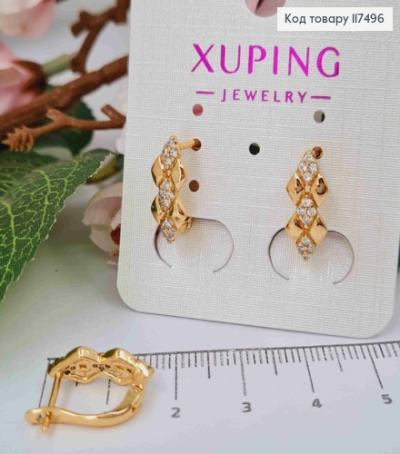 Серьги, Маленькие Ромбики с Блестящими Камешками, 1,1см, англ. застежка, Xuping 18К 117496 фото 1