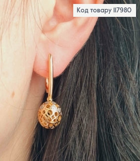 Серьги с подвесным ажурным шариком в камешках, 2,9см, английская застежка, Xuping 18k 117980 фото