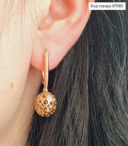 Сережки з підвісною Ажурною Кулькою в камінцях, 2,9см, англійська застібка, Xuping 18K 117980 фото 1