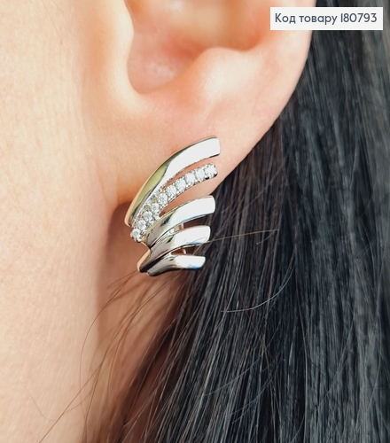 Сережки родированые "Линии" с камнями (англ.застежка), 1,5*1,3см, Xuping 180793 фото 2