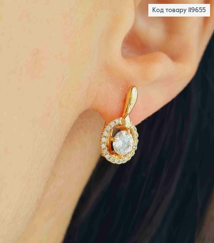 Серьги с Блестящим камнем в оправе из камней, длина 1,7см, английская застежка, Xuping 18К. 119655 фото 1