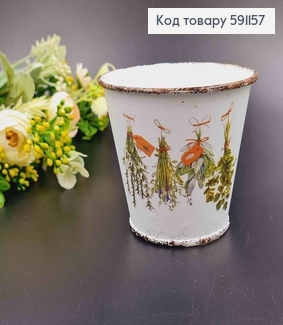 Відерце-кашпо, метал, білого кольору з травами, висота 8см, Польща 591157 фото