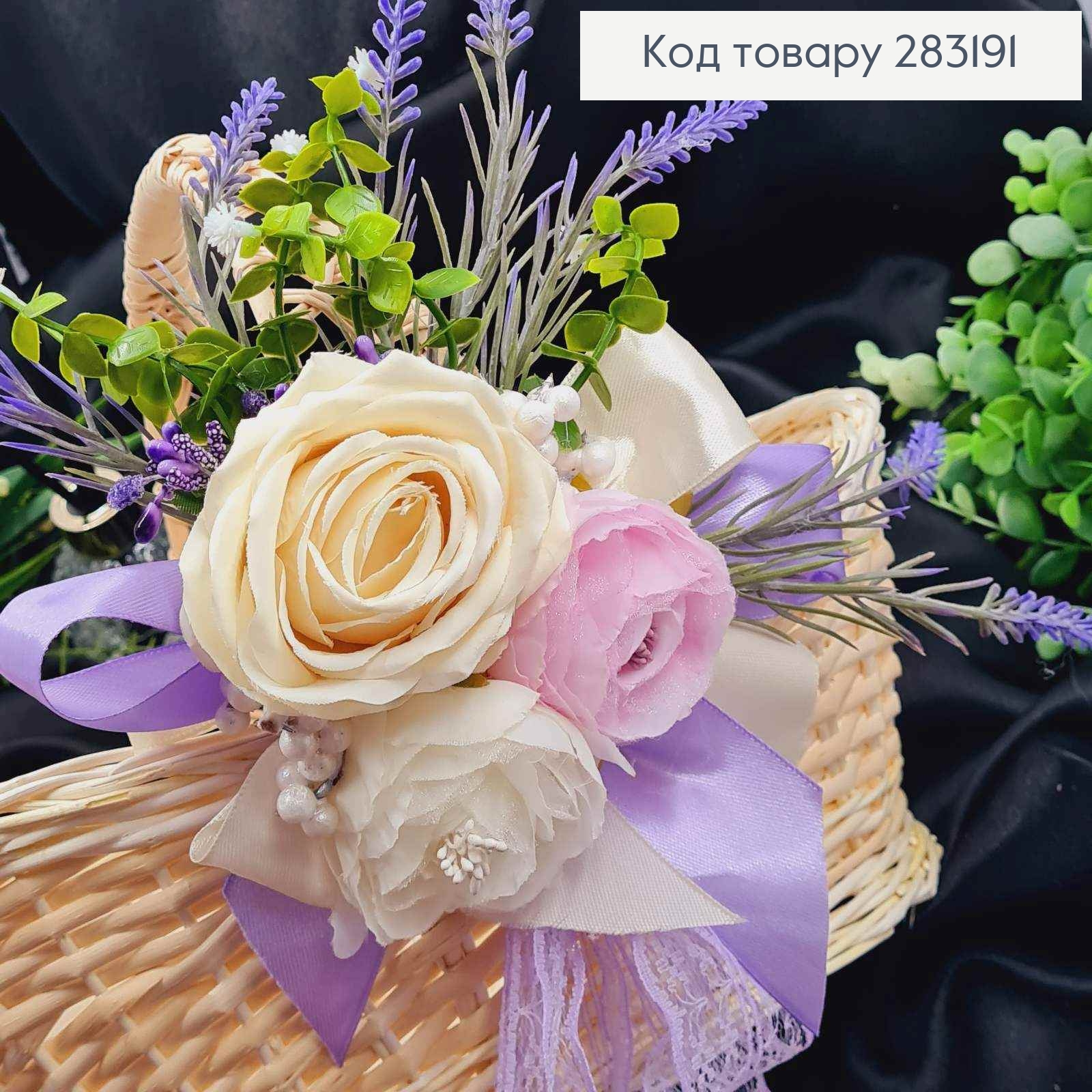 Повязка для корзины Молочно Розовые пионы с ЛАВАНДОЙ на завязках, размер: 20*20см, Украина 283191 фото 1