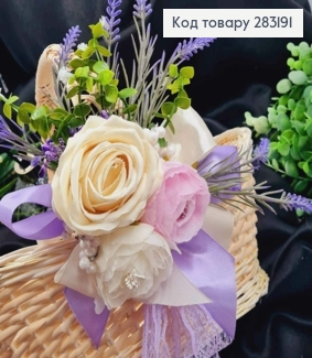 Повязка для корзины Молочно Розовые пионы с ЛАВАНДОЙ на завязках, размер: 20*20см, Украина 283191 фото