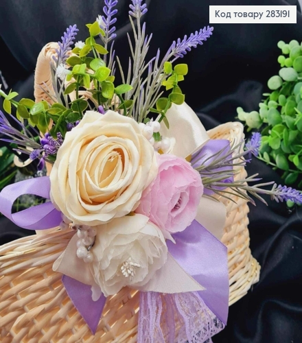 Повязка для корзины Молочно Розовые пионы с ЛАВАНДОЙ на завязках, размер: 20*20см, Украина 283191 фото 1