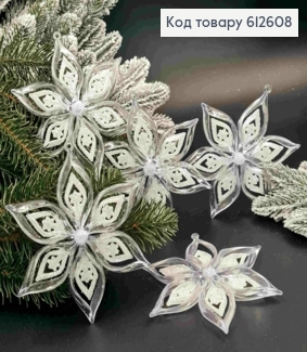 Новогодняя фигура, СНЕЖИНКА, пластик, цвет ПРОЗРАЧНЫЙ+БЛЕСК, 12см, Украина 612608 фото