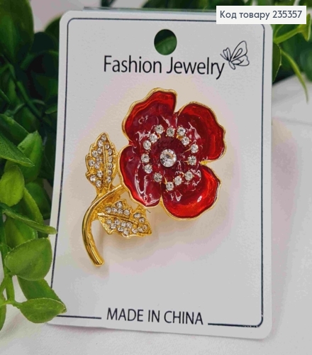 Брошь, "Красный Цветок" с камешками, размер 4,5см, золотого цвета 235357 фото 1