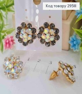 Серьги гвоздики, "Роскошные Цветы", с Серыми и Белыми камешками в ассорт. 295111 фото