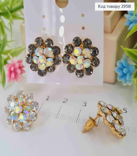 Серьги гвоздики, "Роскошные Цветы", с Серыми и Белыми камешками в ассорт. 295111 фото 1