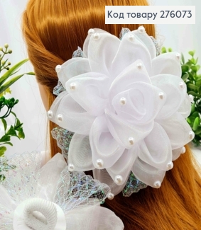 Бант БЕЛОГО цвета с Бусинками и люрексом, на резинке, ткань органза, 15см, ручная работа 276073 фото