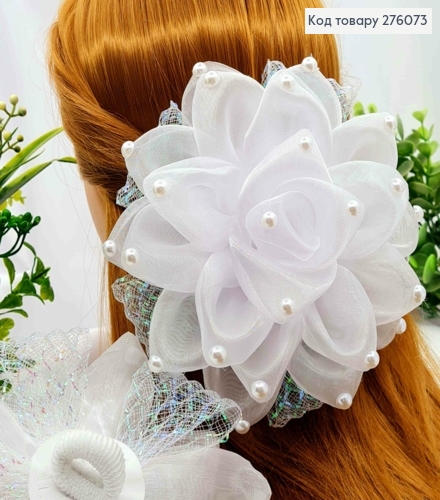 Бант БЕЛОГО цвета с Бусинками и люрексом, на резинке, ткань органза, 15см, ручная работа 276073 фото 1