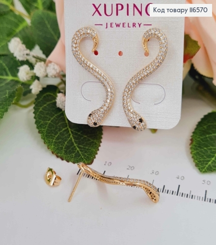 Серьги гвоздики, Змейки в камешках с черными глазами, Xuping 18K 116570 фото 2