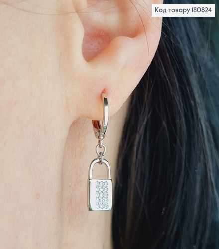 Сережки родированые кольца "Замочек" с камнями, 2,5*1см, Xuping 180824 фото 2