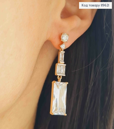 Серьги гвоздики с квадратными блестящими камешками, дл. 4,2см, Xuping 18К 119621 фото 1