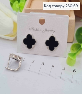 Серьги серебряного цвета, Van Cleef с черной эмалью (1,4см), англ. застежка, Fashion Jewelry 260169 фото