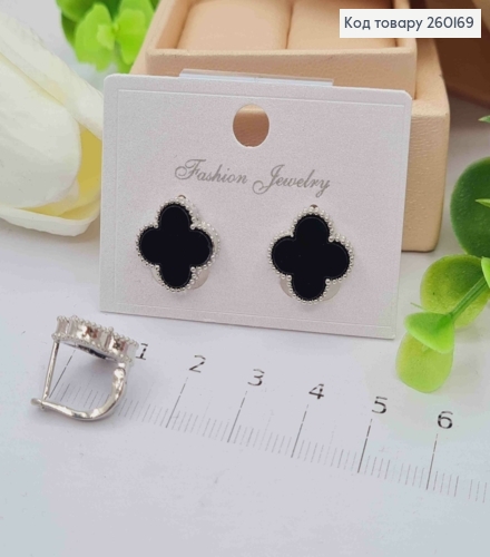 Серьги серебряного цвета, Van Cleef с черной эмалью (1,4см), англ. застежка, Fashion Jewelry 260169 фото 1