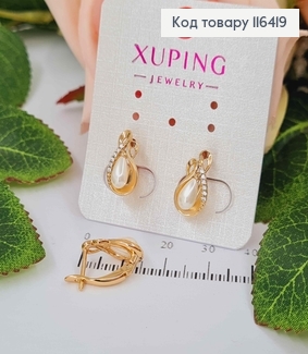 Серьги "Арфа" в камешках, с жемчужиной в форме капельки, 1,5см, англ. зам. Xuping 18K 116419 фото