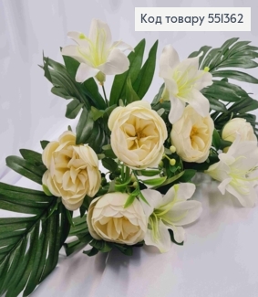 Искусственная композиция Розы с лилиями, цвета Айвори, 9 веток с цветами на металлическом стержне, 36см. 551362 фото