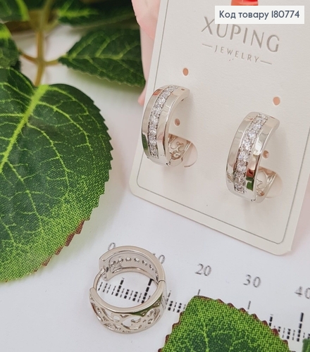Сережки родированые кольца с рядом камней, 1,5*0,7см, Xuping 180774 фото 1