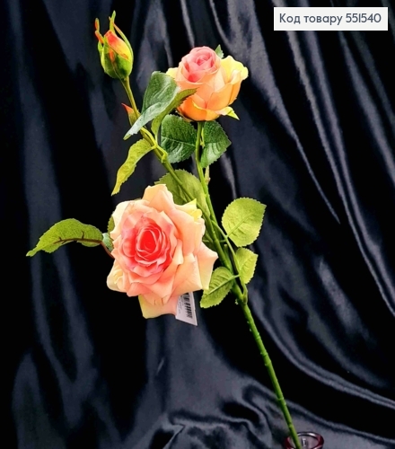 Штучна гілочка Троянди, НІЖНО-РОЖЕВОГО кольору, 2квітки, 2бутони на метал. стержні, висота 51см 551540 фото 1