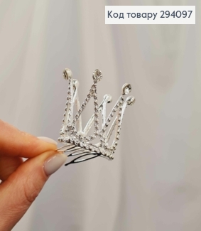Корона с камешками 3*4см, СЕРЕБРЯНОГО цвета назаколочке гребень 294097 фото
