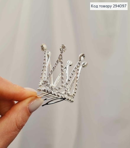 Корона с камешками 3*4см, СЕРЕБРЯНОГО цвета назаколочке гребень 294097 фото 1