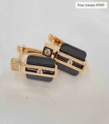 Серьги с квадратной Черной пластиной и камешками, 1,7см, англ. застежка, Xuping 18К 117610 фото 2
