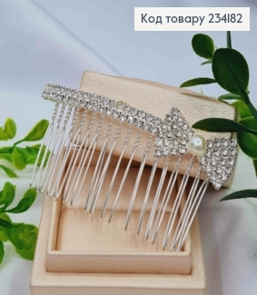 Гребінь у волосся, з Бантиком в Блискучих камінцях з Перлинкою, Срібного кольору 234182 фото