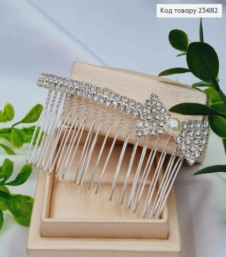 Гребінь у волосся, з Бантиком в Блискучих камінцях з Перлинкою, Срібного кольору 234182 фото 1
