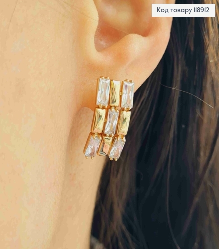 Серьги украшены Прямоугольными Блестящими камешками, 2см, английская застежка, Xuping 18K 118912 фото 2