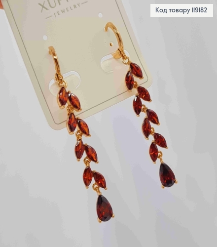 Серьги кольца (1,1см) с подвеской Веточка из Красных камешков (4,1см), Xuping 18K 119182 фото 3