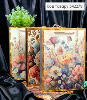 Пакет бумажный с принтом "Полевые Цветы" и Золотой рамкой, 32*26*10см, в ассортименте 542279 фото