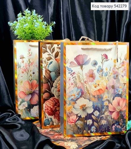 Пакет бумажный с принтом "Полевые Цветы" и Золотой рамкой, 32*26*10см, в ассортименте 542279 фото 1