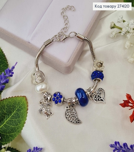 Браслет под Пандору, серебряного цвета, с синими бусинами 15,5см+4см 274120 фото 1