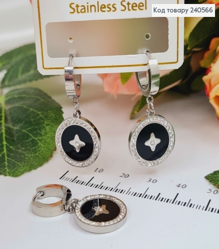 Серьги кольца, подвеска "LV" с черной эмалью, в камешках, 1,5см, серебряного цвета, сталь Stainless Steel 260040 фото 1