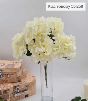 Искусственные цветы. Ветвь БЕЛЫХ гортензий (5 пучков), высотой 46 см, диаметр одного цветочка 7см. 551238 фото